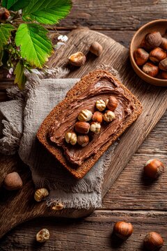 A slice of brown bread is generously spread with rich hazelnut cream, adorned with whole hazelnuts. Natural elements like leaves and scattered nuts enhance the rustic charm of the composition