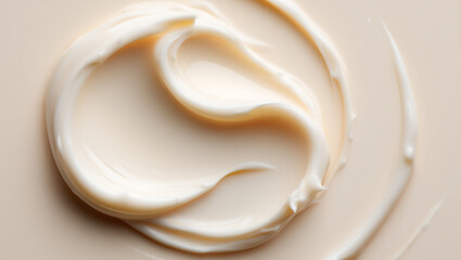 A luxurious swirl of rich, creamy cosmetic moisturizer is captured in a closeup macro shot, showcasing its smooth, thick texture perfect for skincare and beauty applications
