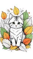 Cute kitten surrounded by autumn leaves