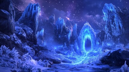 Enchanted frosty realm with neon glows and icy gateway in a captivating winter wonderland