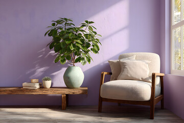 Console table with cushions, houseplant and chair ner lilac wall