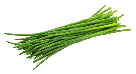 A bundle of fresh chives with vibrant green stems resting against a stark black background in a studio shot isolated on transparent white background]