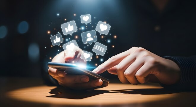 Person s hands interacting with a smartphone displaying social media icons