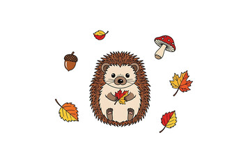 Cute hedgehog holding autumn leaves, surrounded by falling leaves, acorns, and a mushroom, against a dark backdrop.