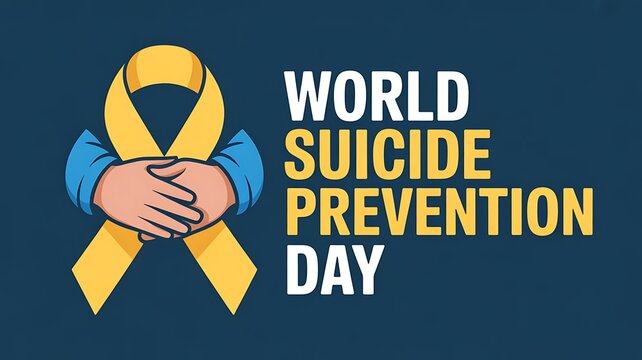 World suicide prevention day with yellow ribbon and hands clasped, promoting mental health awareness and support