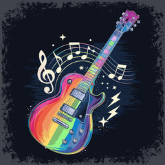 2d vector illustration art Retro music guitar with symbol and rock music with colorful background, Summer t shirt 
