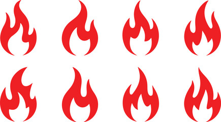 Collection of Red Flame Icons on White Background fire, flame, icon, symbol, heat, hot, energy, power