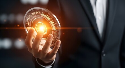 Businessman holding a glowing futuristic digital interface with bright light
