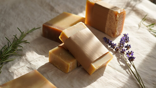 Artisan handmade soaps infused with lavender and rosemary sit on a textured linen cloth, bathed in soft, natural light