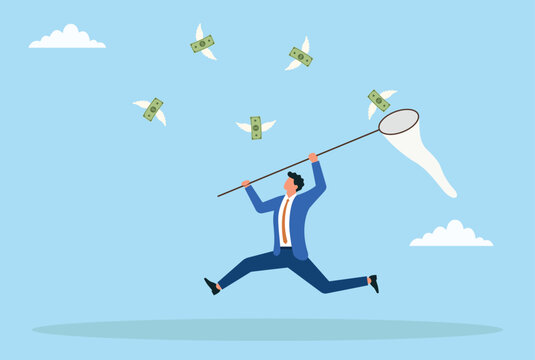 Vector illustration of a businessman catching flying money with a net, symbolizing pursuit of wealth, financial opportunities, investment gains, and economic success