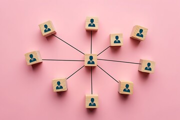 Conceptual representation of a business network or team structure with a central figure connected to multiple individuals via thin lines on a pink background