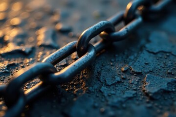 Close-up of chain link with uneven surface, dramatic shadows , blackwhite, outdoor, grid