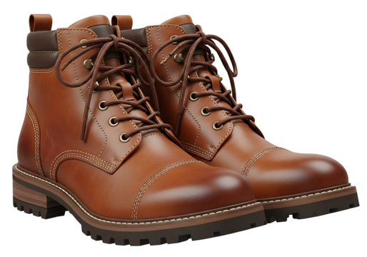 A pair of brown leather lace-up boots with a rugged, classic design is showcased against a black background.
