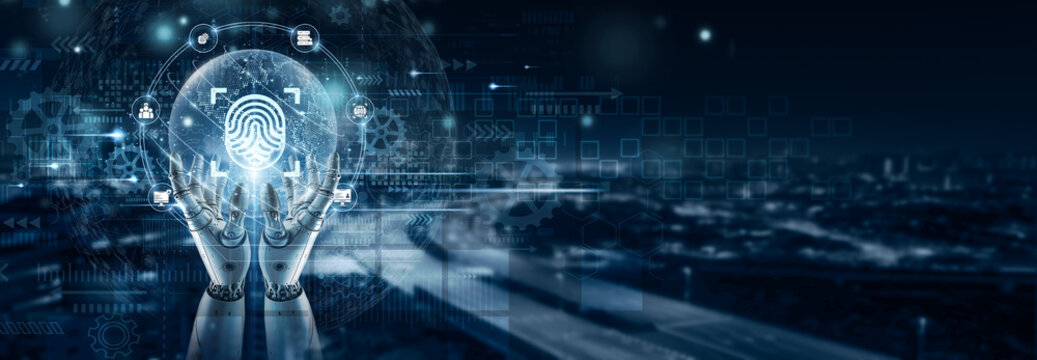 Hand of robot holding a biometric security device on global network connection, fingerprint scanning, facial recognition, identity verification, access control, data protection, secure authentication