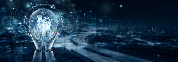 Hand of robot holding a business integration icon on global network connection, workflow automation, system connectivity, digital process optimization, enterprise collaboration, strategic management