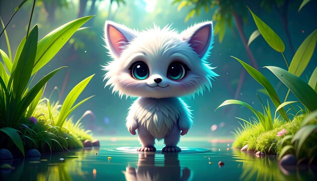 Cute fox kit with jungle stream.