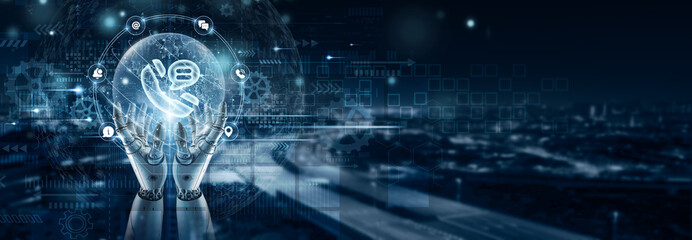 Hand of robot holding a contact us icon on global network connection, communication portal, customer inquiries, support system, digital messaging, interactive interface, responsive solutions