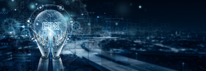Hand of robot holding a CPS icon on global network connection, cyber-physical systems, industrial IoT, smart automation, data monitoring, connected devices, intelligent system integration