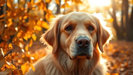 Golden Retriever portrait in autumn leaves with soft sunlight