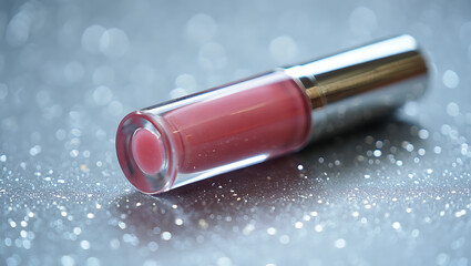 A closeup, macro shot of a pink lip gloss tube with a silver cap rests on a sparkling, glittery surface, creating a glamorous and luxurious beauty aesthetic