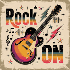 2d vector illustration art  Retro music guitar with symbol and rock music with colorful  background, Summer t shirt 
