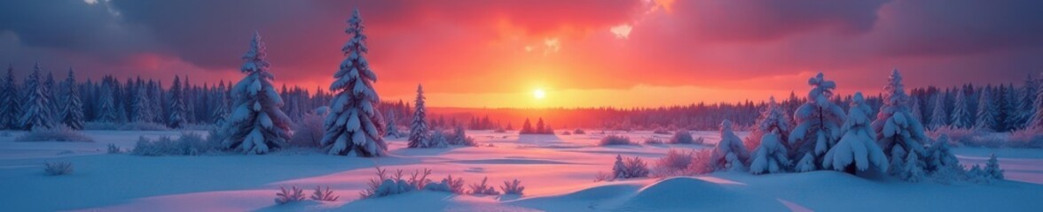Sunrise over snow-covered taiga, hunter's blind visible , hunting blind, winter