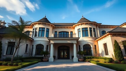 Elegant residence entrance with architectural details under a clear blue sky, exuding luxury.