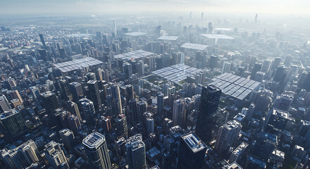 Aerial view of a modern city reveals dense high-rises arranged in a grid, with reflective rooftops hinting at solar panels or gardens—blending urban expansion with sustainable design.