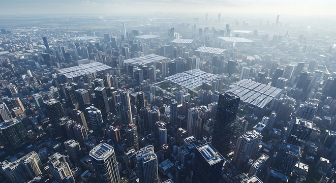 Aerial view of a modern city reveals dense high-rises arranged in a grid, with reflective rooftops hinting at solar panels or gardens—blending urban expansion with sustainable design.