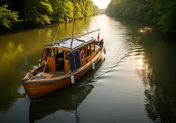 Naklejka premium Wooden boat with solar panels cruises down a calm river surrounded by lush trees, blending traditional design with sustainable technology.