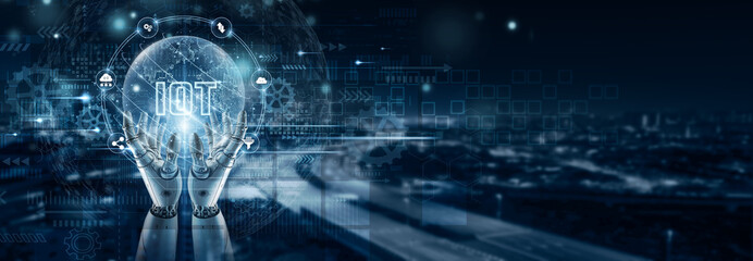 Hand of robot holding IoT on global network connection, connected devices, smart home systems, sensor integration, data collection, intelligent automation, remote monitoring, industrial IoT solutions