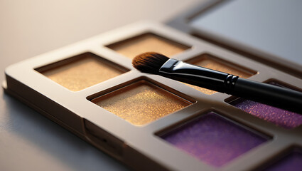 A makeup artists brush rests on a sparkling eyeshadow palette filled with gold and purple shades, ready for application