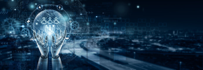 Hand of robot holding lead generation on global network connection, customer acquisition, marketing analytics, sales funnel optimization, prospect tracking, business growth strategy