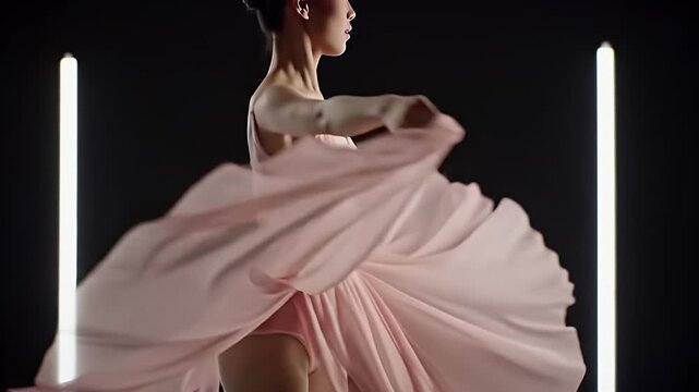 Ballerina in Pink Tutu Elegantly Dancing Against Black Background with Flanking Lights