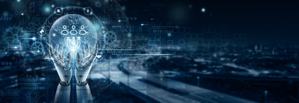 Hand of robot holding lead generation on global network connection, customer acquisition, marketing analytics, sales funnel optimization, prospect tracking, business growth strategy - Powered by Adobe