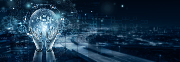 Hand of robot holding MBA concept on global network connection, business strategy, leadership planning, market analysis, financial modeling, organizational growth, corporate decision-making framework.