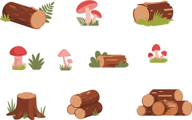 Cartoon forest logs, tree stump, and colorful mushrooms with grass and leaves isolated on white background in a detailed vector nature illustration