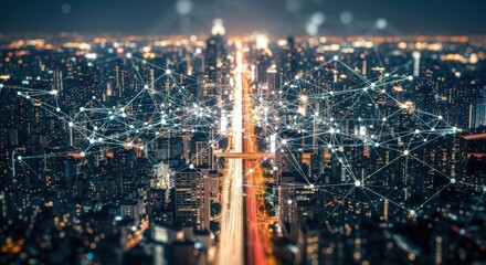 Futuristic Cityscape with Digital Network Connections and Lights