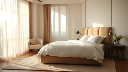 Serene hotel bedroom bathed in morning light, featuring minimalist decor and a neatly made bed.