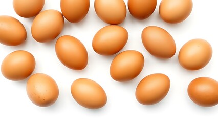Fresh brown eggs with natural texture, isolated on a pure white background under soft overhead lighting.