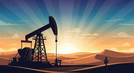 Fototapeta premium Silhouette of an oil pumpjack in a desert landscape at sunset, symbolizing the energy industry and petroleum extraction