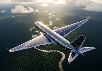 Commercial airplane flies above a winding river and dense forest, with sunlight reflecting off its metallic surface in a dramatic aerial view.