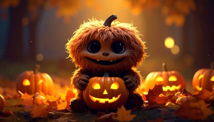 Cute monster with jack-o'-lantern