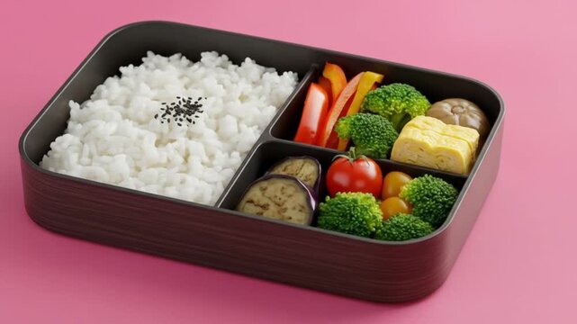 Close up of a bento box filled with white rice, broccoli, peppers, eggplant, and a yellow omelet on pink