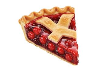 Close-up view of a delectable, vibrant slice of cherry and berry pie, highlighted by its golden crust and glossy red filling.