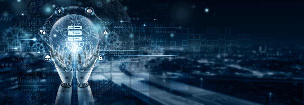 Hand of robot holding web hosting on global network connection, cloud servers, domain management, website deployment, data storage, uptime monitoring, cybersecurity integration, server optimization