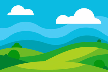 Stylized green rolling hills under a bright blue sky with fluffy white clouds