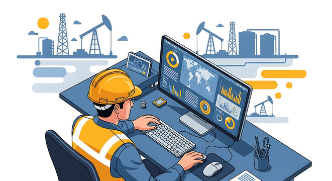 Focused engineer monitors and analyzes operational data on a computer, with an oil field background, highlighting technology and digital management in the energy industry