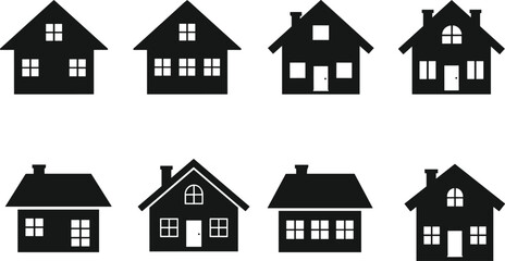 Set of eight black house icons with varied roof styles, chimney placements, window arrangements, and door designs in a minimalist silhouette style