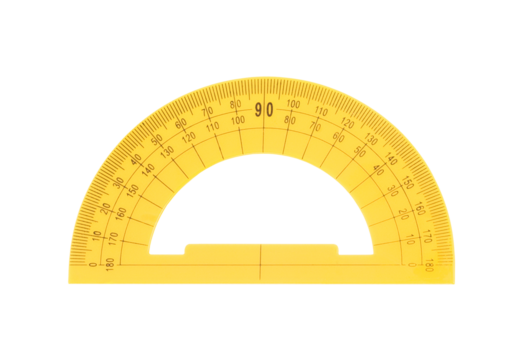 Yellow protractor with degree markings isolated on transparent background